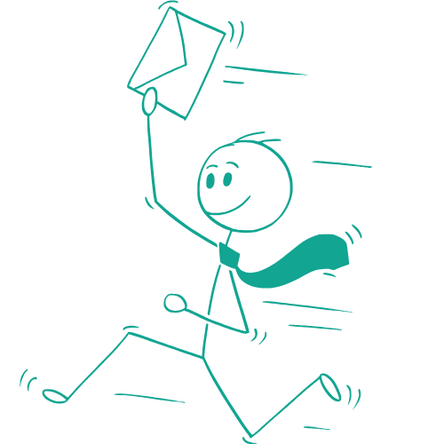 Een stickfiguur rent blij met een envelop.
