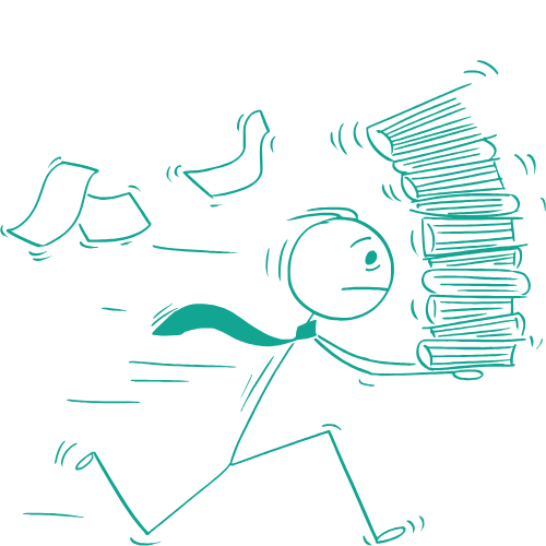 Een stickfiguur rent snel met een stapel boeken, terwijl papieren om hem heen waaien.